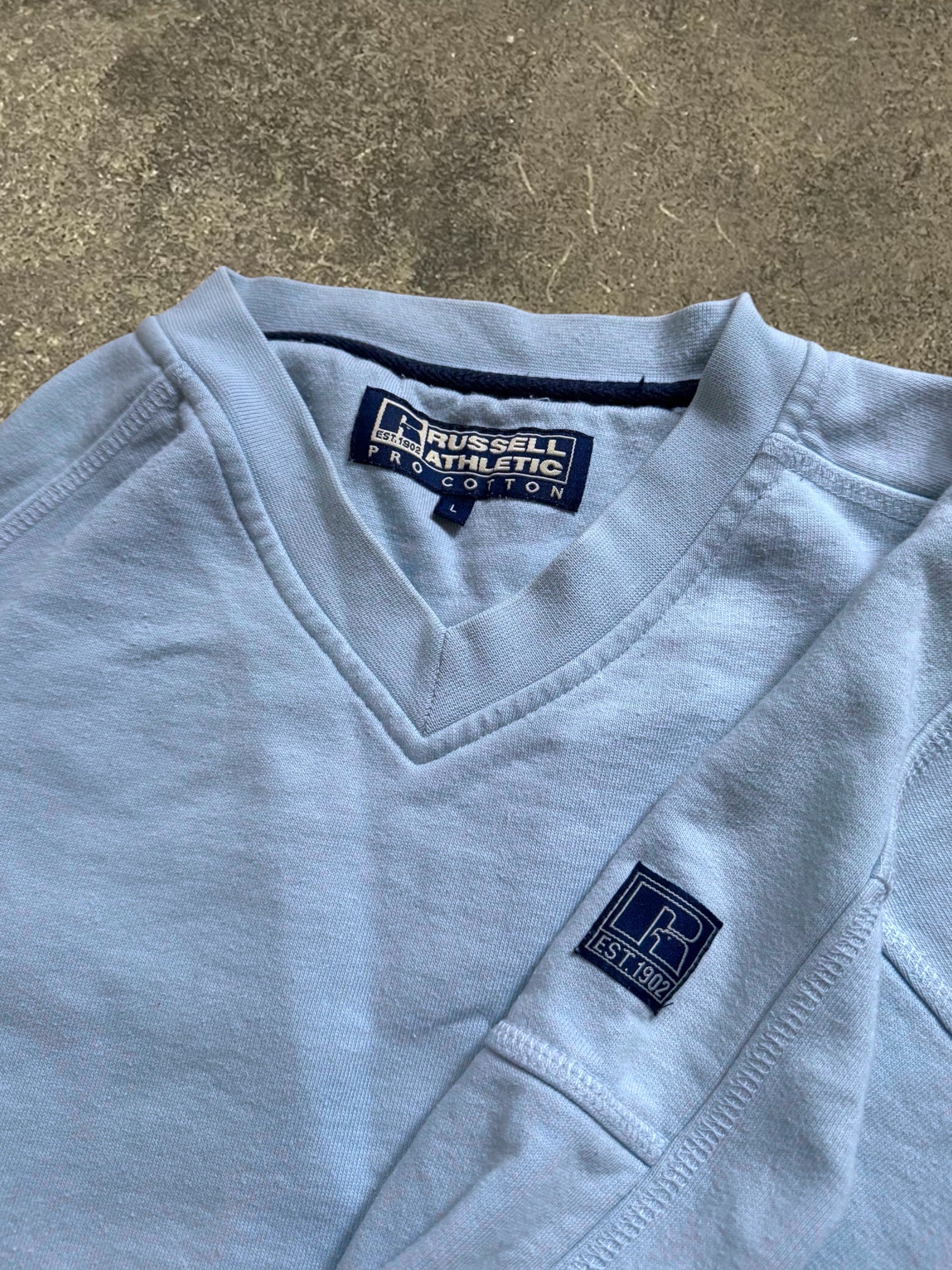 VINTAGE BLUE RUSSELL V-NECK SWEATSHIRT
