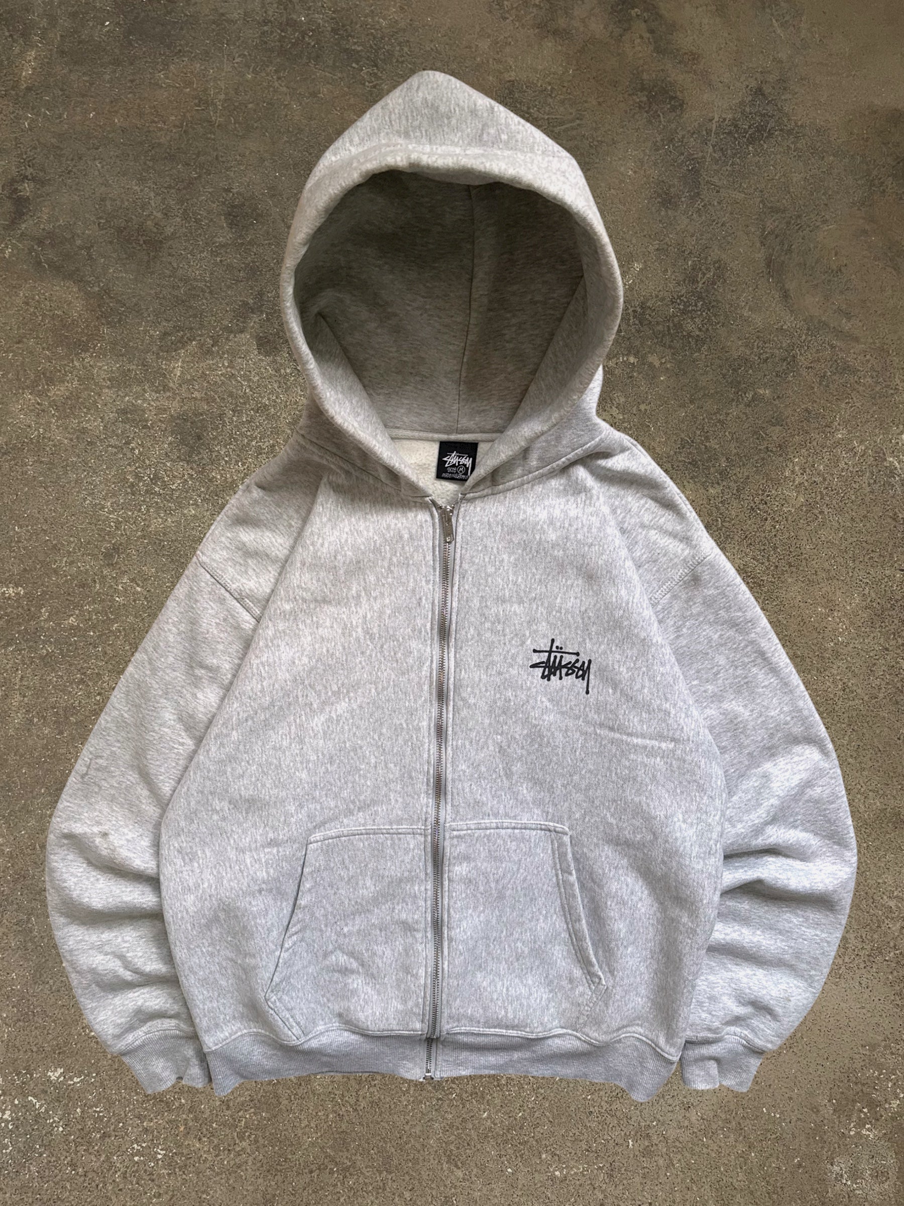 STÜSSY GREY BASIC LOGO ZIP-UP HOODIE