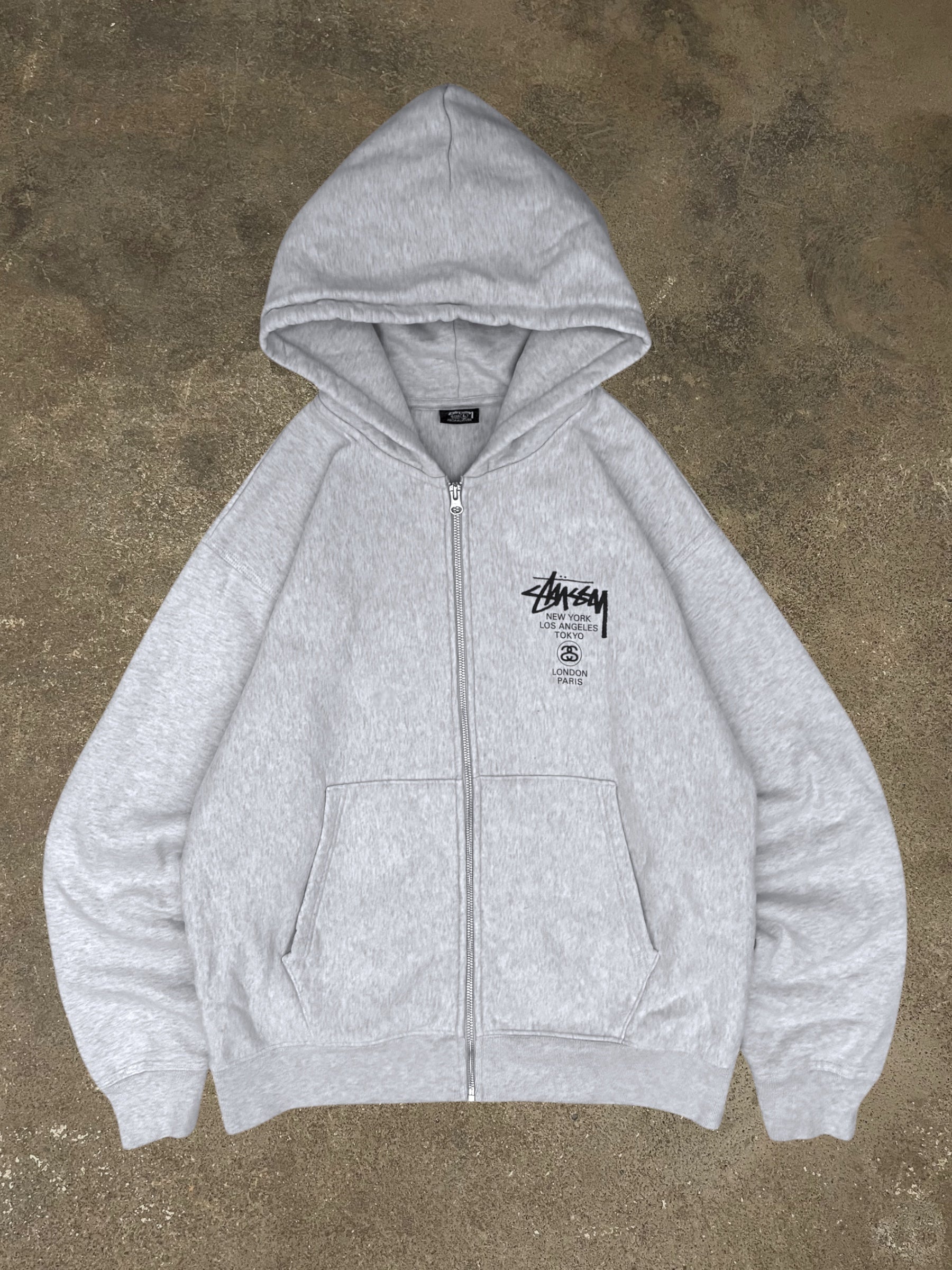 STÜSSY GREY WORLD TOUR ZIP-UP HOODIE