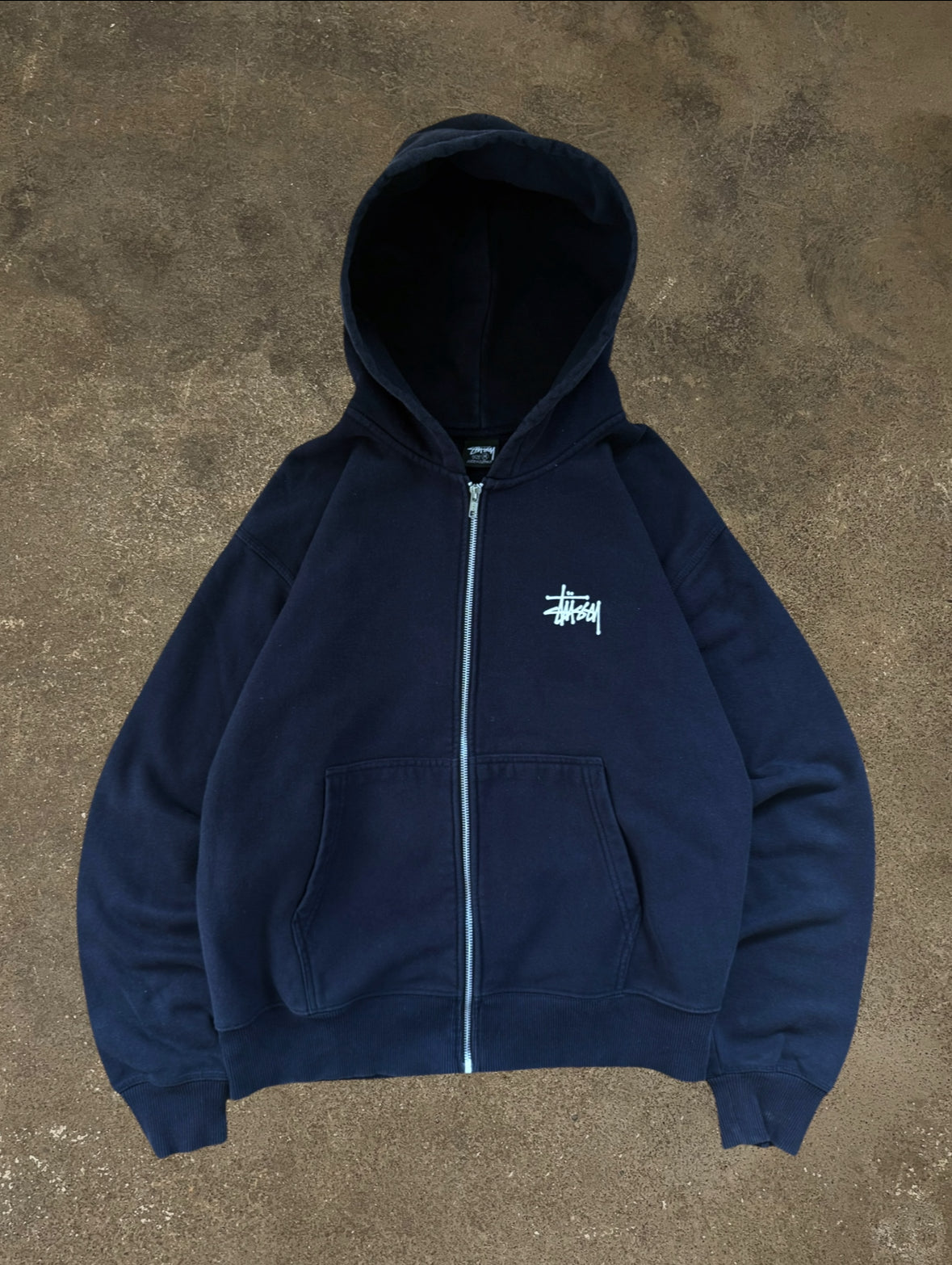 STÜSSY NAVY BASIC LOGO ZIP-UP HOODIE