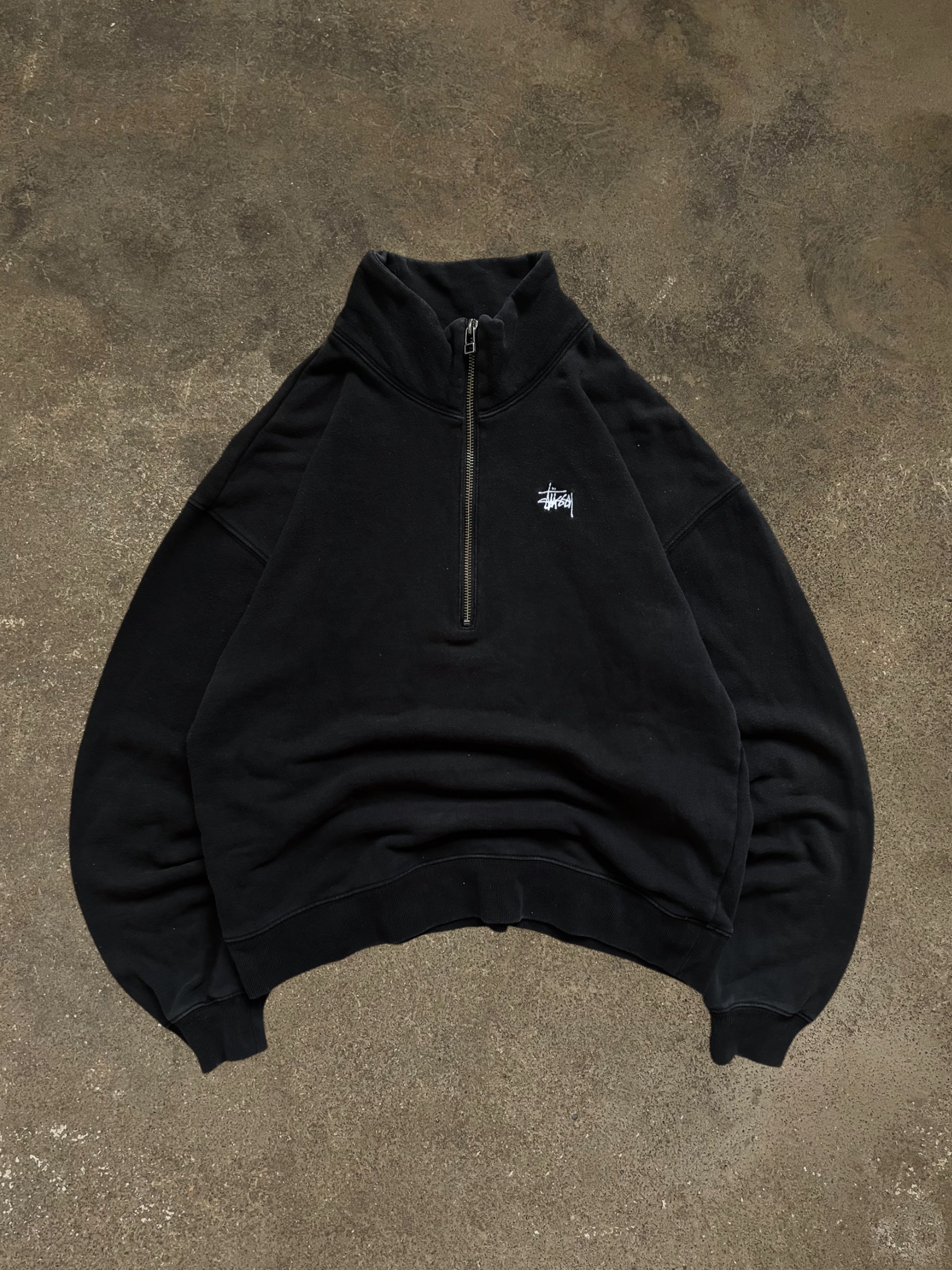 STÜSSY BLACK HALF-ZIP STOCK LOGO SWEATSHIRT