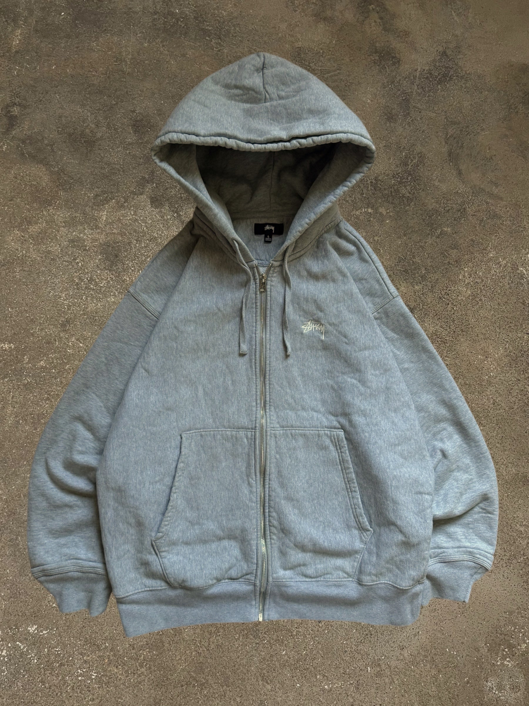 STÜSSY GREY STOCK LOGO ZIP-UP HOODIE
